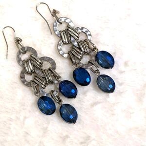 Vintage & Blue Bead & Silvertone Dangle Pierced Earrings